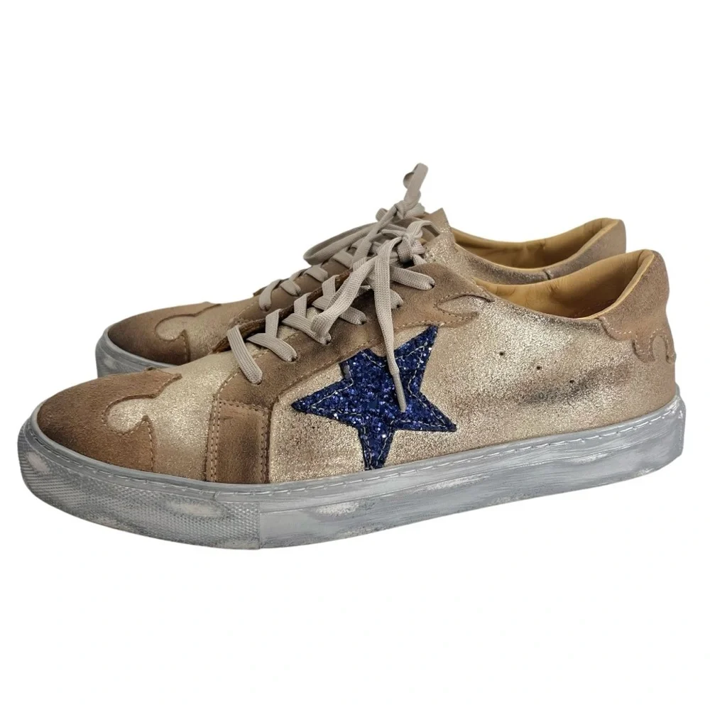 Dingo Playdate Leather Sneakers Tan and Blue Star Sneakers